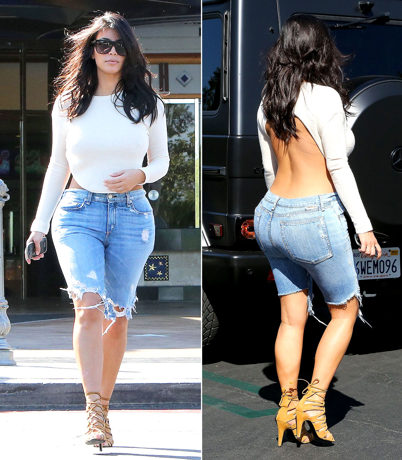 Kim Kardashian Backless Jean Shorts Outfit