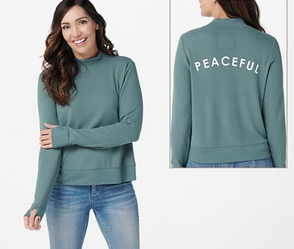 peace love world peaceful kale pullover for qvc, work from home fashion essentials