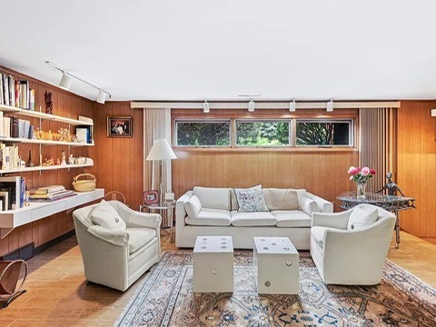 vintage MCM Fayetteville, NY house for sale with retro details, midcentury den with seating area