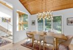 woodstock, ny retreat, giant vaulted ceilings with natural wood finish dining room