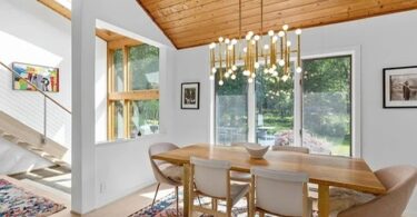 woodstock, ny retreat, giant vaulted ceilings with natural wood finish dining room