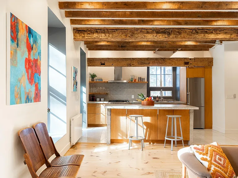 Ulster Park, NY Church turned residential home, minimalist modern kitchen with exposed beams