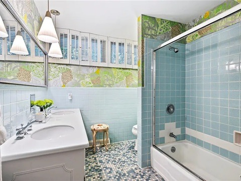 vintage MCM Fayetteville, NY house for sale with retro details, midcentury bathroom with vintage tile