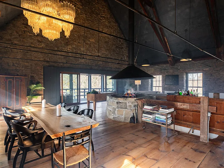 Ulster Park, NY Church turned residential home, live edge dining table with chandelier