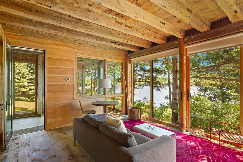 Rustic Maine Beach House, natural wood living room facing the atlantic ocean