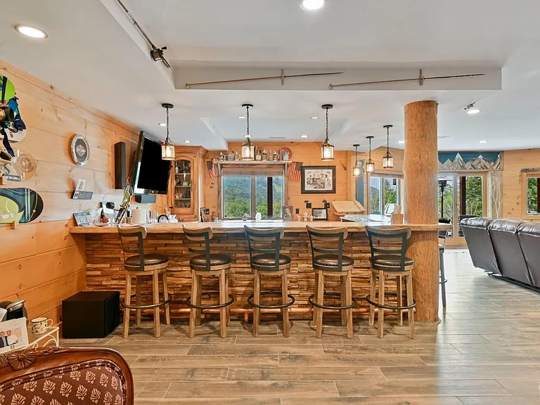 Hunter Mountain, NY ski chalet, natural wood home bar and entertainment room