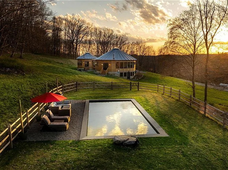 Hudson Valley Yurt House, yurt exterior and saltwater pool