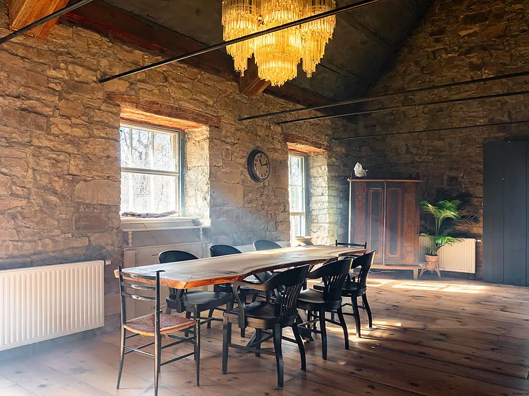 Ulster Park, NY Church turned residential home, minimalist modern dining room with exposed beams