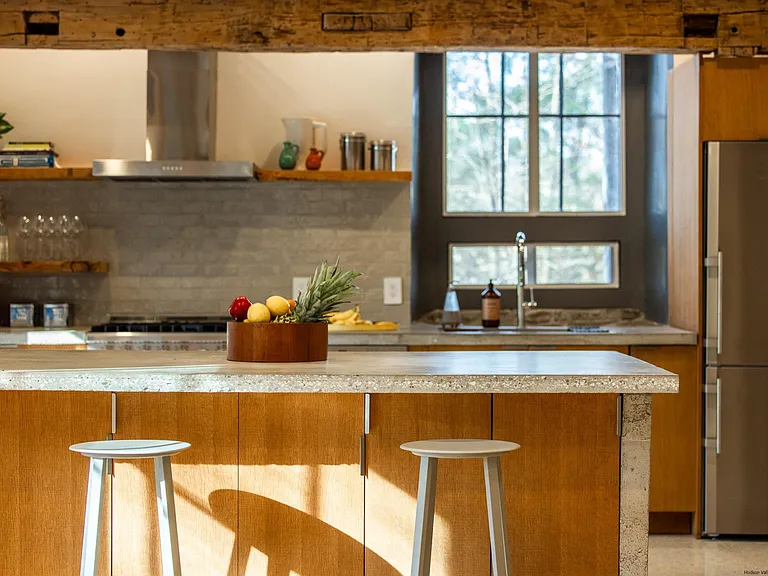 Ulster Park, NY Church turned residential home, minimalist modern kitchen with exposed beams