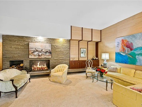 vintage MCM Fayetteville, NY house for sale with retro details, midcentury living room and art