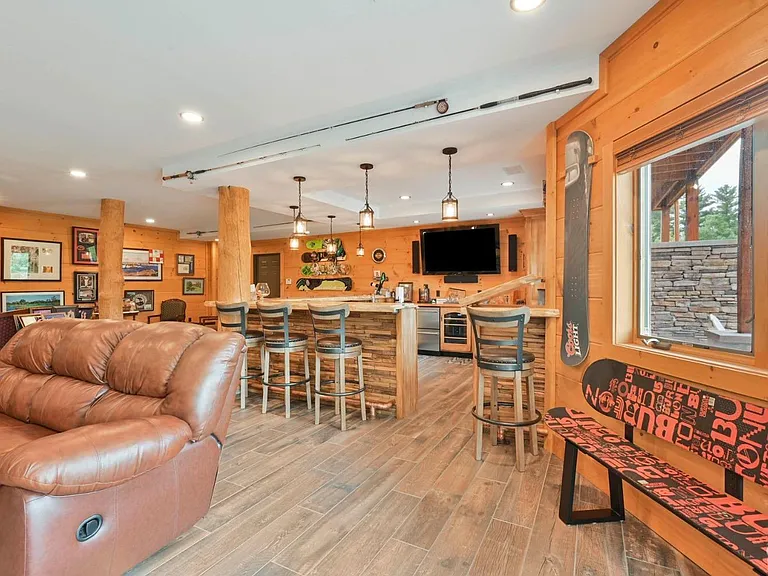 Hunter Mountain, NY ski chalet, natural wood home bar and entertainment room