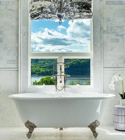 Wappingers Falls NY mansion compound overlooking the Hudson River, clawfoot vintage tub overlooking the hudson river