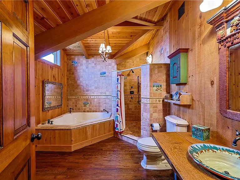 Bathroom with vaulted ceilings at 295 Co Road 2A, Olivebridge, NY 12461, Rustic Catskills Cabin Estate