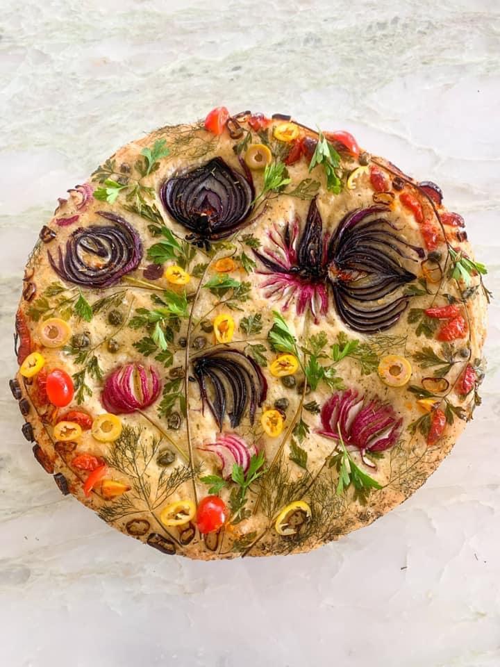 focaccia art, focaccia bread with beautiful flowers and greenery