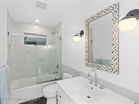 woodstock, ny retreat, modern minimalist bathroom with renovations and glass tile