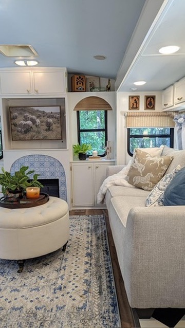 renovated camper, french countryside and southern belle design sitting area and dining nook