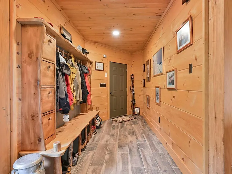 Hunter Mountain, NY ski chalet, natural wood mud room cubbies