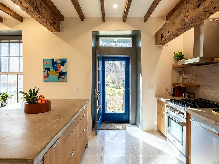 Ulster Park, NY Church turned residential home, minimalist modern kitchen with exposed beams