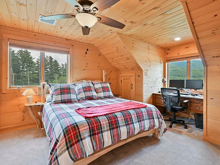 Hunter Mountain, NY ski chalet, log cabin bedroom with natural live edge wood bed