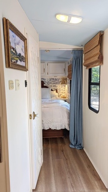 renovated camper, french countryside and southern belle design hallway with floral detailing