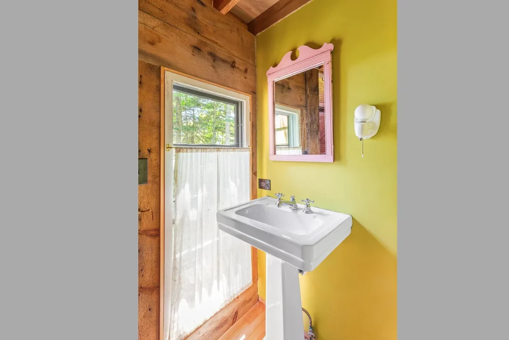 Rustic Maine Beach House, exposed natural wood bathroom