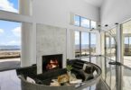 New Rochelle beach house in New York, sunken tile conversation pit and fireplace overlooking the Long Island Sound