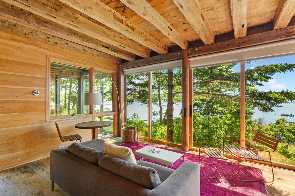 Rustic Maine Beach House, exposed natural wood screened in porch 