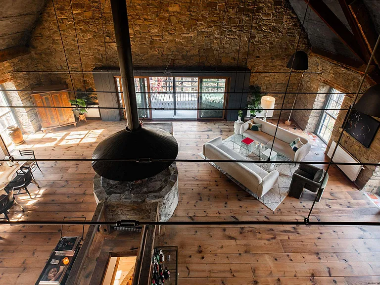 Ulster Park, NY Church turned residential home, massive living room with reclaimed wood floors