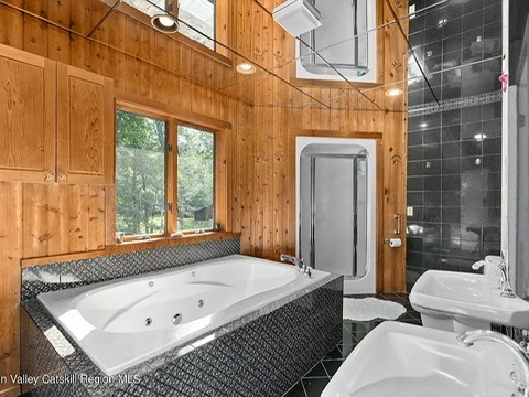 woodstock, ny retreat, modern minimalist bathroom with renovations and giant soaking tub