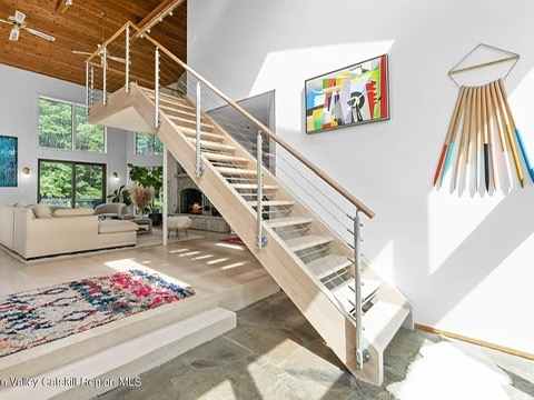 woodstock, ny retreat, gorgeous modern wood and steel staircase