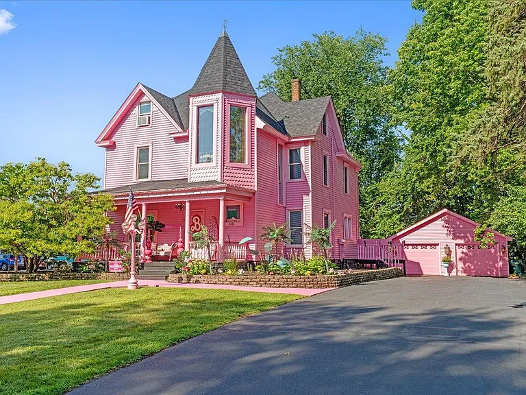 all-pink Barbie Dream House for sale, all pink wraparound porch with pink outdoor sofa