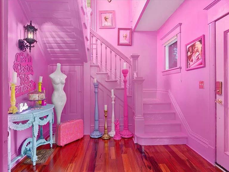 all-pink Barbie Dream House for sale, all pink foyer with pink staircase