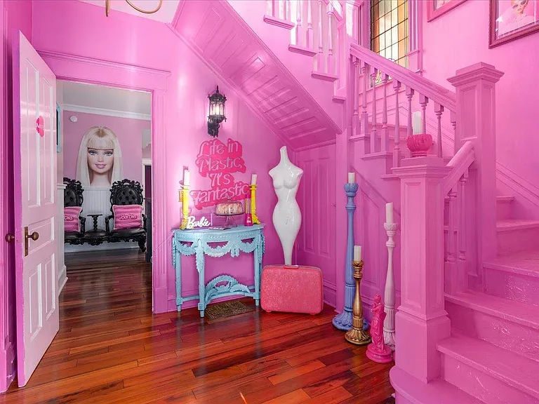 all-pink Barbie Dream House for sale, all pink foyer with pink staircase