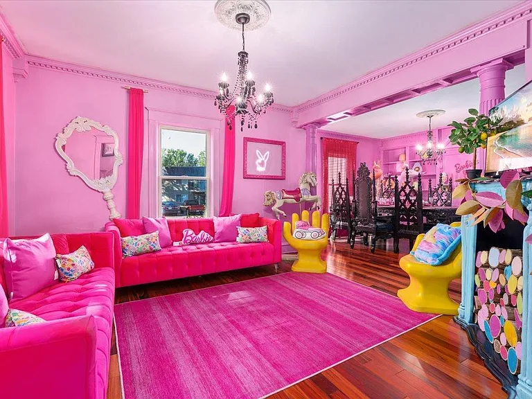 all-pink Barbie Dream House for sale, all pink living room with pink sofas and rugs