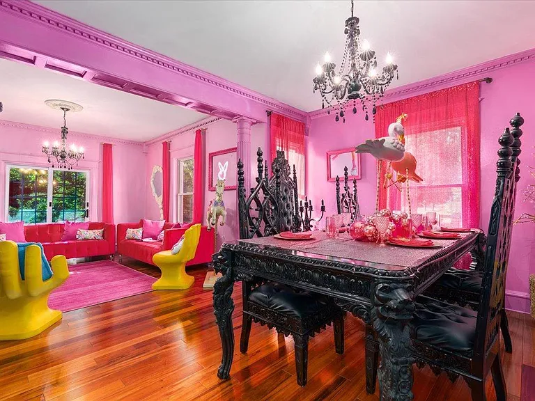 all-pink Barbie Dream House for sale, pink and black barbie dining room