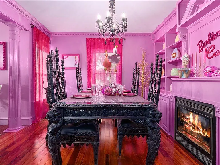 all-pink Barbie Dream House for sale, pink and black barbie dining room