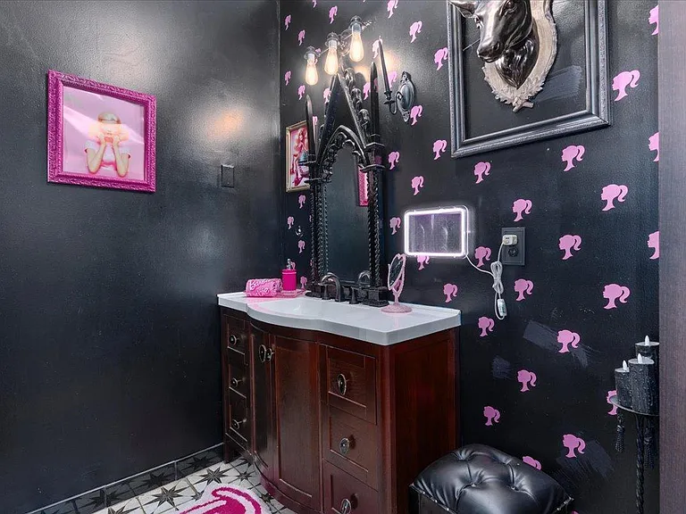 all-pink Barbie Dream House for sale, black and pink barbie themed bathroom