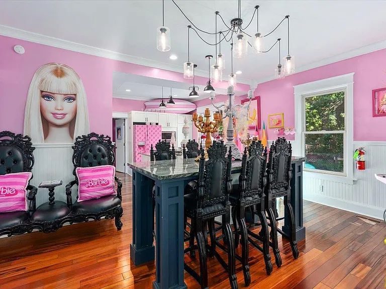 all-pink Barbie Dream House for sale, pink and black barbie dining room