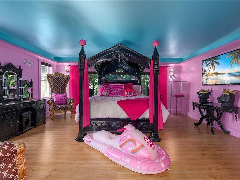 all-pink Barbie Dream House for sale, pink and black Barbie master bedroom