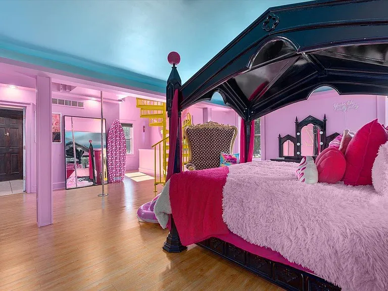 all-pink Barbie Dream House for sale, pink and black Barbie master bedroom