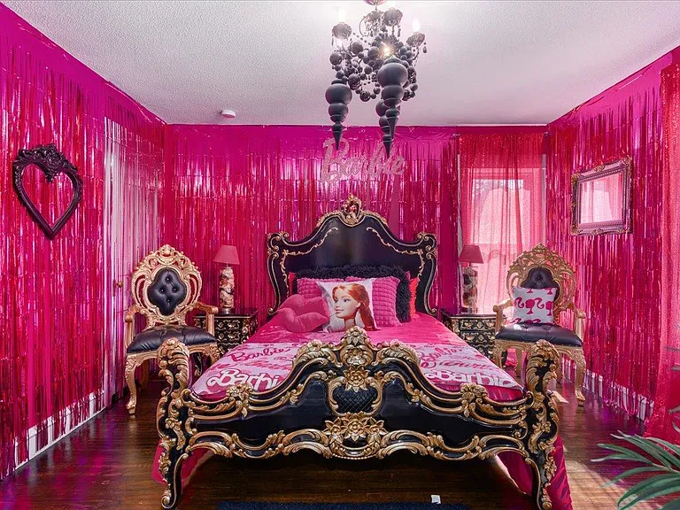 all-pink Barbie Dream House for sale, black cheetah and pink barbie themed bedroom