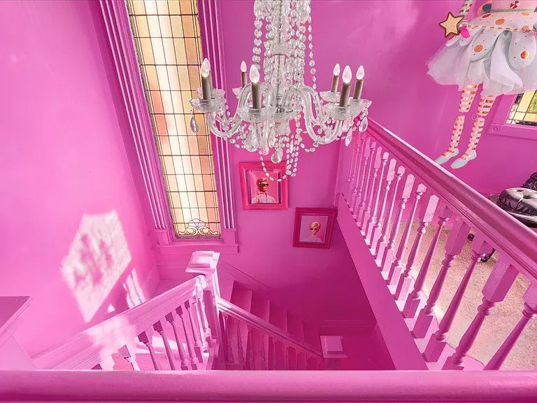 all-pink Barbie Dream House for sale, all pink foyer with pink staircase