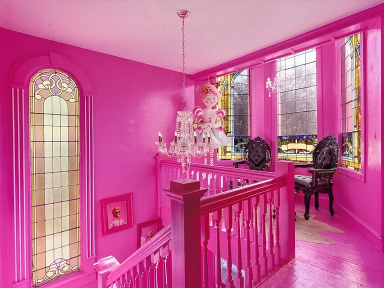 all-pink Barbie Dream House for sale, all pink foyer with pink staircase