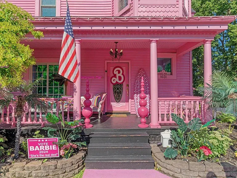 all-pink Barbie Dream House for sale, all pink wraparound porch with pink outdoor sofa