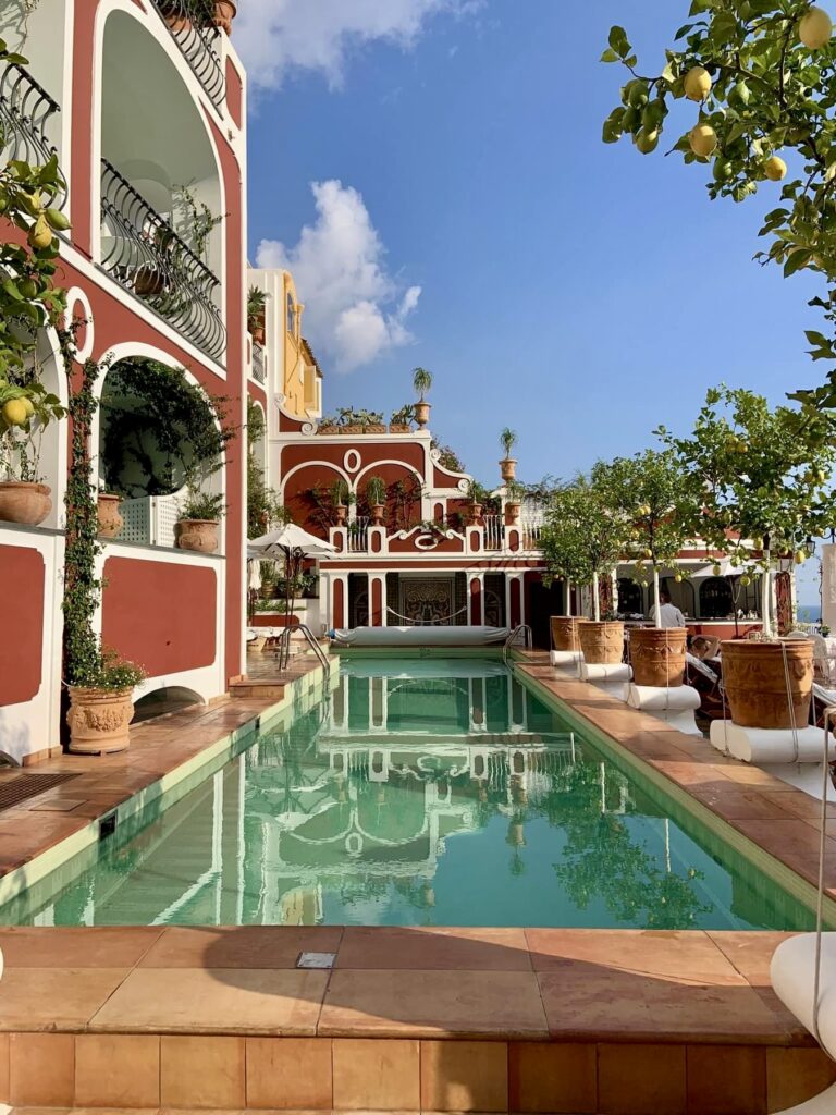 Hotel Pool overlooking Positano Beach and village on Italy's Amalfi Coast