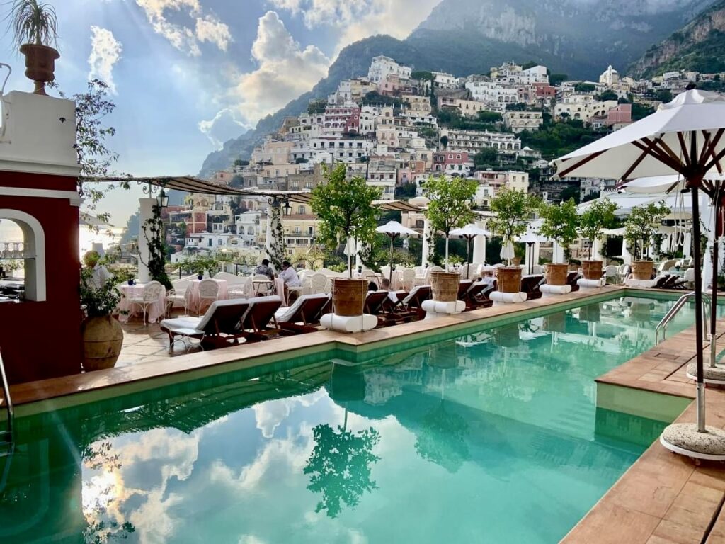 Hotel Pool overlooking Positano Beach and village on Italy's Amalfi Coast