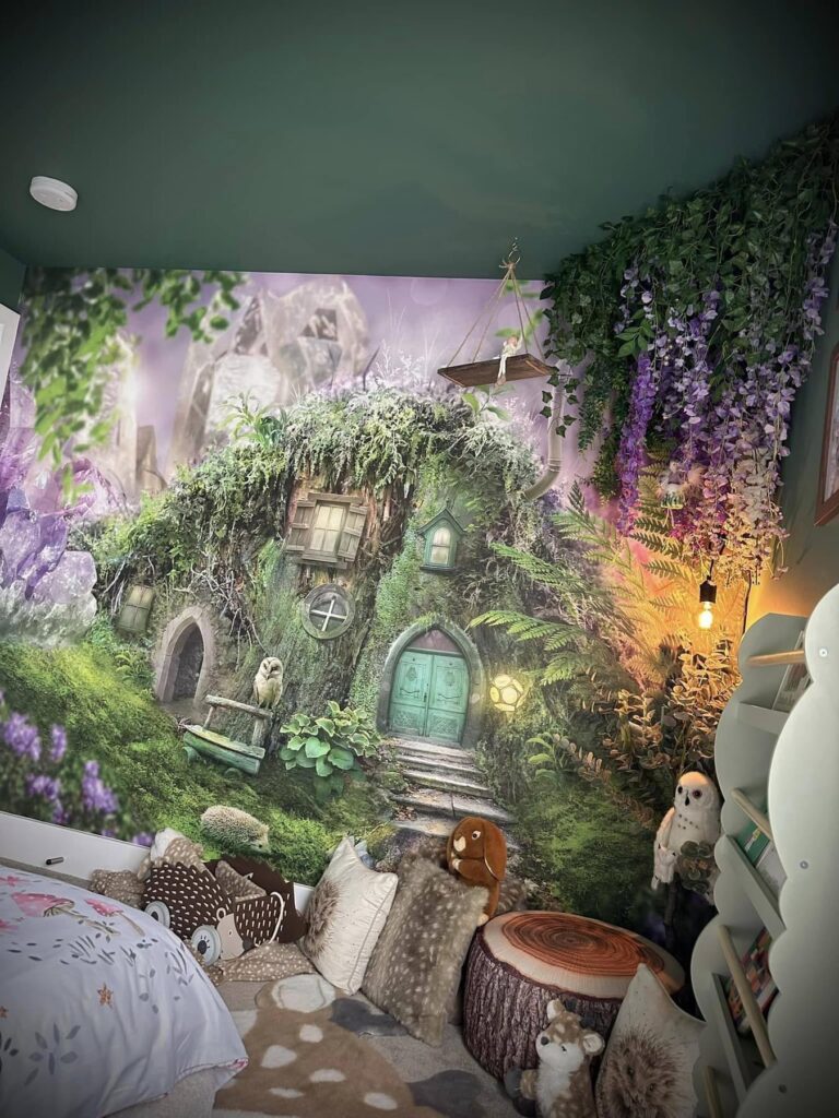 enchanting kids room design, gorgeous forest themed kids bedroom with fairy lamp and forest mural on the wall