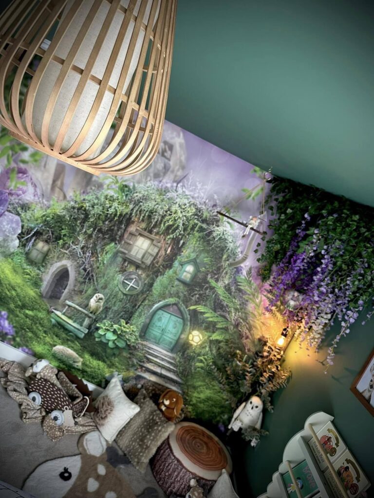 enchanting kids room design, gorgeous forest themed kids bedroom design with rope pendant lamp