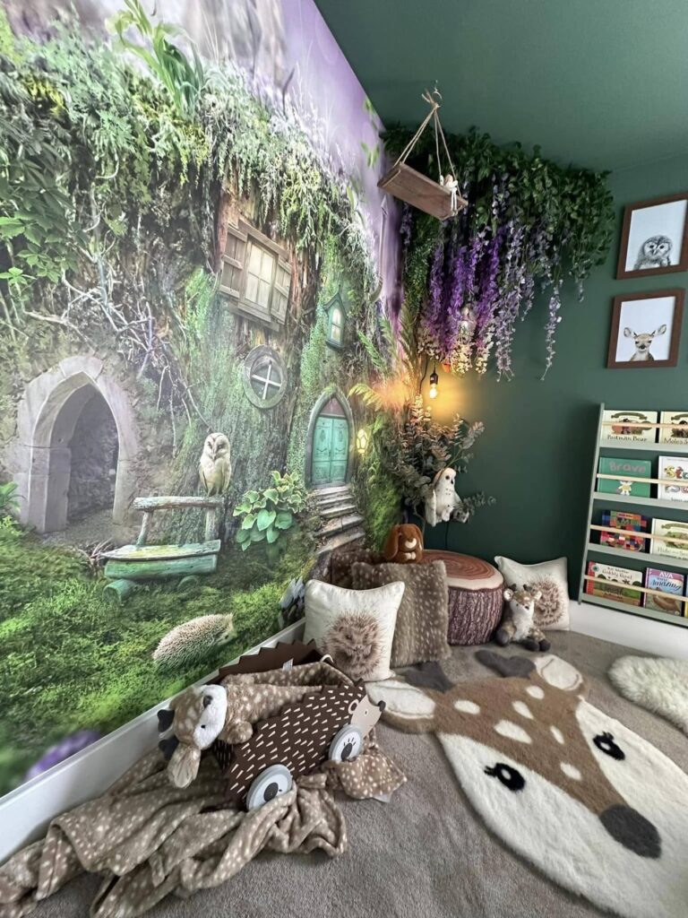 enchanting kids room design, gorgeous forest themed kids bedroom with forest mural on the wall