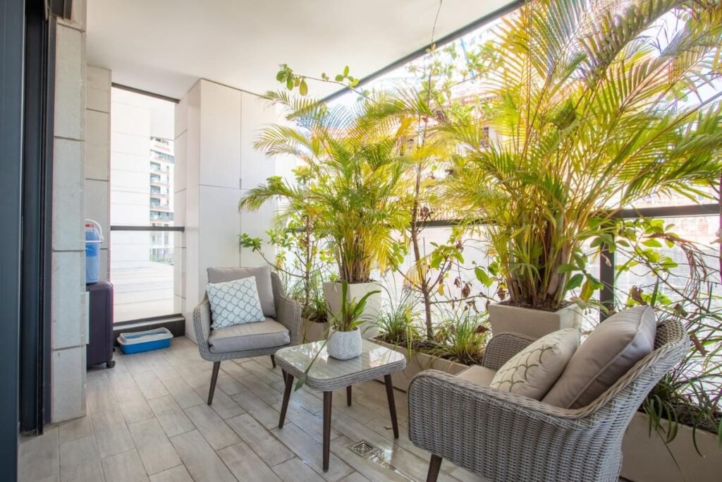 light bright rooms, living room seating flanked by large indoor plants